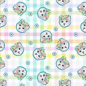 Soft colors , cats and flower pops on checkered print - small print 