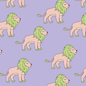 Sleepy lion - retro groovy lions in nineties style wild animals  lime green on lilac purple