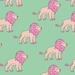 Sleepy lion - retro groovy lions in nineties style wild animals pink on mint green