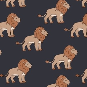 Sleepy lion - retro groovy lions in nineties style wild animals neutral brown beige on charcoal gray night