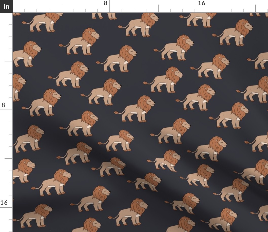 Sleepy lion - retro groovy lions in nineties style wild animals neutral brown beige on charcoal gray night