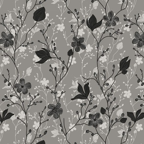 delicate flowers in shades of grey / black on a lighter grey background  - medium scale