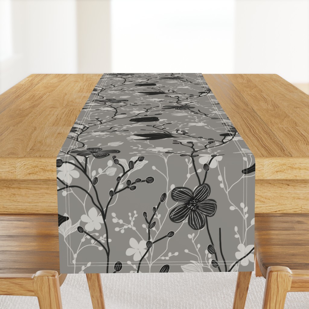 delicate flowers in shades of grey / black on a lighter grey background  - large scale