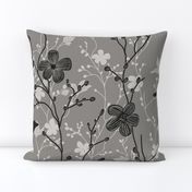 delicate flowers in shades of grey / black on a lighter grey background  - large scale