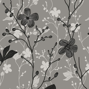 delicate flowers in shades of grey / black on a lighter grey background  - large scale