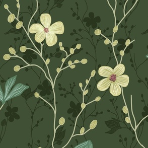 delicate flowers in shades of light yellow on a dark green background  - large scale