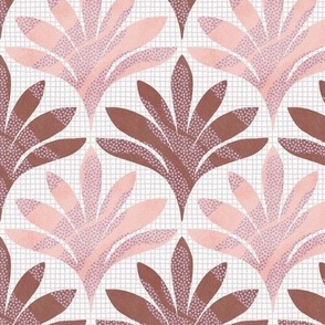 Hand-drawn minimalist leaf with polka dots and an organic grid background texture in soft Brown and Blush Pink_Small Scale