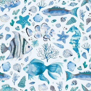  Ocean life Coastal watercolor Fish, seahorse, coral reef and shellfish Light Blue Medium