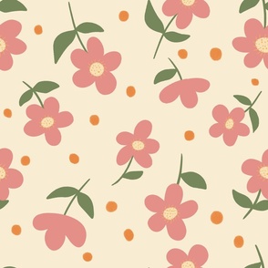 simple pink flowers and orange buds on creamy background 