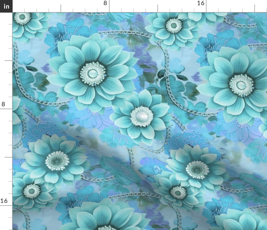 Decorative Floral Vintage Tapestry Design Turquoise Teal Smaller Scale