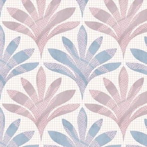 Hand-drawn minimalist leaf with polka dots and an organic grid background texture in Dusty Blue and Mauve_Small Scale