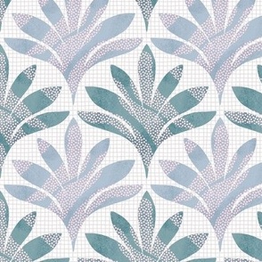 Hand-drawn minimalist leaf with polka dots and an organic grid background texture in Jade and Dusty Blue_Small Scale