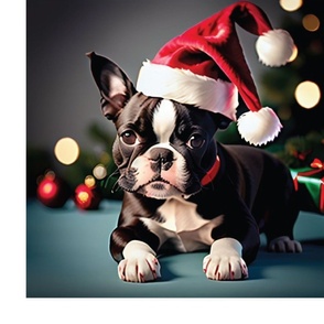 Santa Boston Terrier Dog with green Christmas gift under the tree 16.5 x 16.5