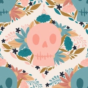 Whimsical Floral Skulls: Pink and Blue with Delicate Vines on Cream