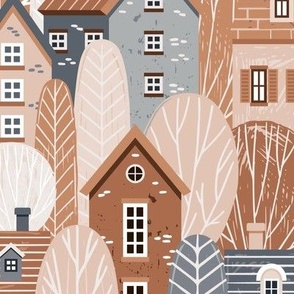 Fall houses and trees in ochre brown, terracotta red, slate grey and pink | large