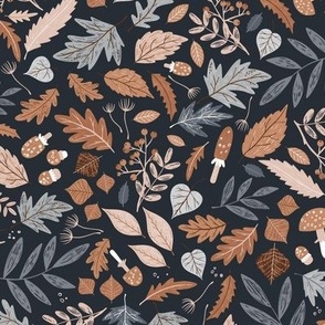 Fall leaves and mushrooms in muted pink, terracotta red and ochre brown on dark blue | medium