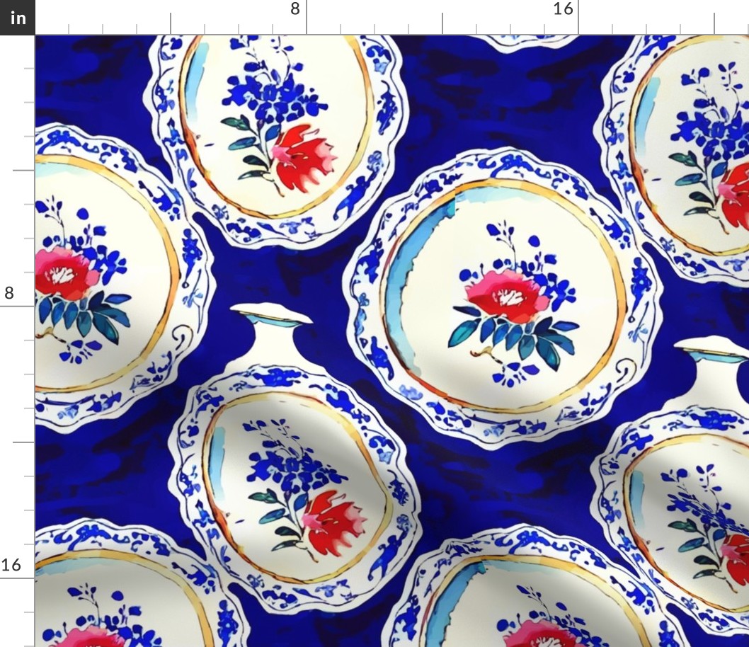 Chinoiserie jars and plates on deep cobalt blue