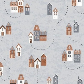 Fall European village | cozy small houses in  grey, brown and white on  blue