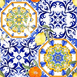 Blue tiles,Sicilian ,majolica,lemon 