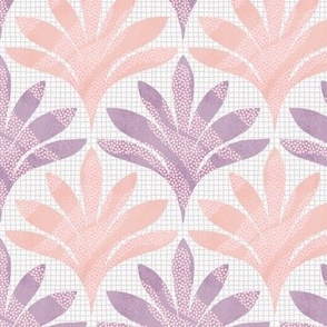 Hand-drawn minimalist leaf with polka dots and an organic grid background texture in Pink and Lilac_Small Scale