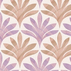 Hand-drawn minimalist leaf with polka dots and an organic grid background texture in Lilac and Tan_Small Scale