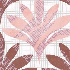 Hand-drawn minimalist leaf with polka dots and an organic grid background texture in Brown and Pink_Large Scale