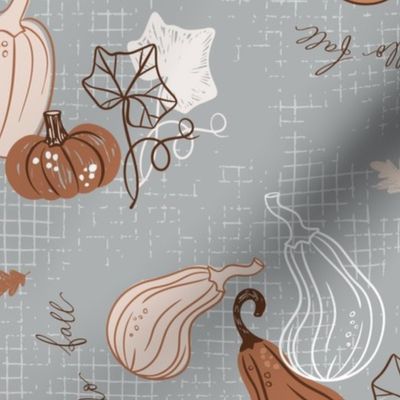 Hand drawn orange and pink pumpkins and leaves on slate gray | large