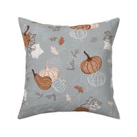 Hand drawn orange and pink pumpkins and leaves on slate gray | large