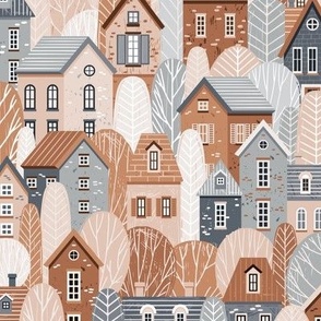 Brown, blue and pink houses and fall trees, medium scale