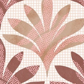 Hand-drawn minimalist leaf with polka dots and an organic grid background texture in Brown and Tan_Large Scale