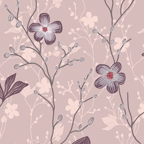 delicate flowers in shades of mauve and purple on a  neutral / broken red beige background  - large scale