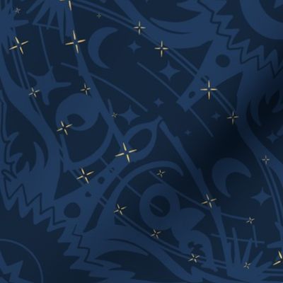 Rich dark blue Universe with moon, signs of the sun, planets and bright yellow stars - medium scale