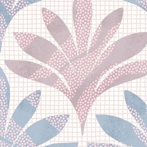 Hand-drawn minimalist leaf with polka dots and an organic grid background texture in Dusty Blue and Mauve_Large Scale