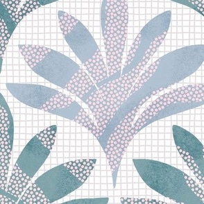 Hand-drawn minimalist leaf with polka dots and an organic grid background texture in Dusty Blue and Jade_Large Scale