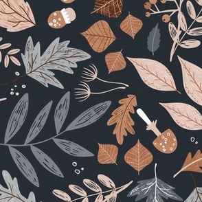 Colorful fall leaves and mushrooms on dark blue, large scale