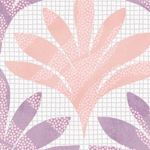 Hand-drawn minimalist leaf with polka dots and an organic grid background texture in Pink and Lilac_Large Scale