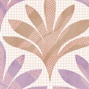 Hand-drawn minimalist leaf with polka dots and an organic grid background texture in Lilac and Tan_Large Scale