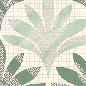 Hand-drawn minimalist leaf with polka dots and an organic grid background texture in Sage Green and Mint_Large Scale