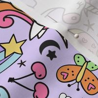 Large Scale Unicorn Doodle Butterflies and Rainbows on Lavender