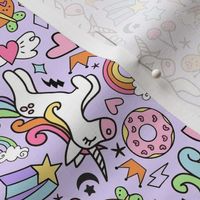 Medium Scale Unicorn Doodle Butterflies and Rainbows on Lavender