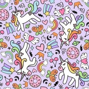 Medium Scale Unicorn Doodle Butterflies and Rainbows on Lavender