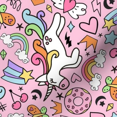 Large Scale Unicorn Doodles Stars and Rainbows on Pink