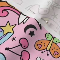 Large Scale Unicorn Doodles Stars and Rainbows on Pink