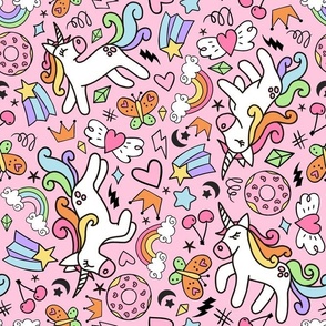 Large Scale Unicorn Doodles Stars and Rainbows on Pink