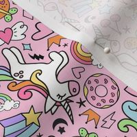 Medium Scale Unicorn Doodles Stars and Rainbows on Pink