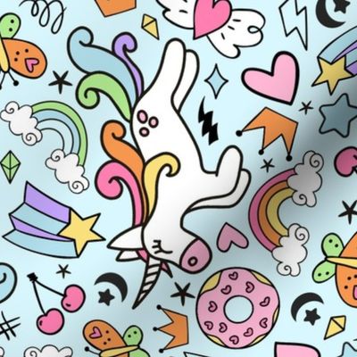 Large Scale Unicorn Doodles Stars and Rainbows on Blue