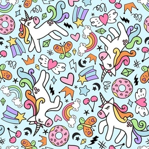 Large Scale Unicorn Doodles Stars and Rainbows on Blue