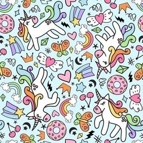 Medium Scale Unicorn Doodles Stars and Rainbows on Blue