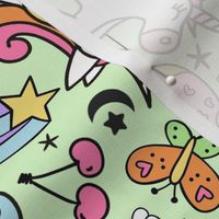 Large Scale Unicorn Doodles Stars and Rainbows on Green
