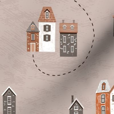 Fall European village | cozy small houses in red, brown and white on taupe grey | large